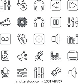 Thin Line Icon Set - vinyl vector, flame disk, microphone, loudspeaker, settings, equalizer, headphones, speaker, pause button, fast forward, rewind, rec, hdmi, tuning, record, sound