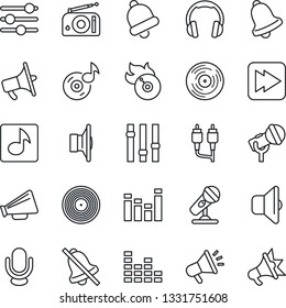 Thin Line Icon Set - vinyl vector, flame disk, microphone, radio, speaker, loudspeaker, settings, equalizer, headphones, fast forward, rca, tuning, bell, mute, music, sound, advertising