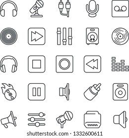 Thin Line Icon Set - vinyl vector, flame disk, microphone, speaker, loudspeaker, settings, equalizer, headphones, pause button, stop, fast forward, rewind, rca, hdmi, tuning, record, sound