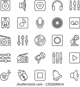Thin Line Icon Set - vinyl vector, flame disk, microphone, radio, speaker, settings, headphones, play button, stop, rec, tuning, bell, record, music, sound