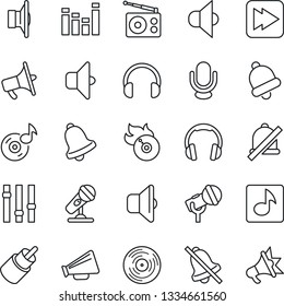 Thin Line Icon Set - vinyl vector, flame disk, microphone, radio, speaker, loudspeaker, settings, equalizer, headphones, fast forward, rca, bell, mute, music, sound, advertising