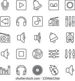 Thin Line Icon Set - vinyl vector, flame disk, radio, speaker, settings, equalizer, microphone, headphones, play button, stop, rewind, tuning, bell, record, music, sound