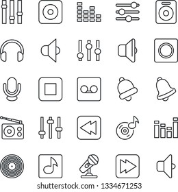 Thin Line Icon Set - vinyl vector, microphone, radio, speaker, settings, equalizer, headphones, stop button, fast forward, rewind, rec, tuning, bell, record, music, sound