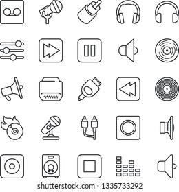 Thin Line Icon Set - vinyl vector, flame disk, microphone, speaker, loudspeaker, equalizer, headphones, pause button, stop, fast forward, rewind, rec, rca, hdmi, tuning, record, sound