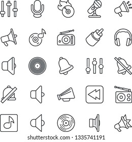 Thin Line Icon Set - vinyl vector, flame disk, microphone, radio, speaker, loudspeaker, settings, headphones, rewind, rca, tuning, bell, mute, music, sound, advertising