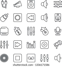 Thin Line Icon Set - vinyl vector, flame disk, microphone, speaker, loudspeaker, settings, equalizer, stop button, fast forward, rewind, rec, rca, hdmi, tuning, record, sound