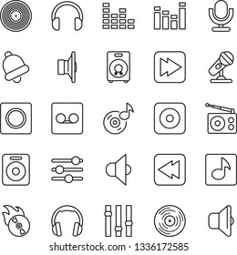 Thin Line Icon Set - vinyl vector, flame disk, microphone, radio, speaker, settings, equalizer, headphones, fast forward, rewind, rec button, tuning, bell, record, music, sound