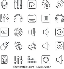 Thin Line Icon Set - vinyl vector, flame disk, speaker, loudspeaker, settings, equalizer, microphone, headphones, pause button, fast forward, rec, rca, hdmi, tuning, record, sound