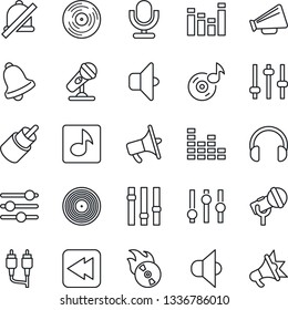 Thin Line Icon Set - vinyl vector, flame disk, microphone, speaker, loudspeaker, settings, equalizer, headphones, rewind, rca, tuning, bell, mute, music, sound, advertising