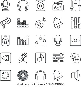 Thin Line Icon Set - vinyl vector, flame disk, microphone, radio, settings, equalizer, headphones, speaker, rewind, tuning, bell, record, music, sound