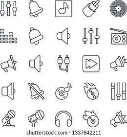 Thin Line Icon Set - vinyl vector, flame disk, microphone, radio, speaker, loudspeaker, settings, equalizer, headphones, fast forward, rca, tuning, bell, mute, music, sound, advertising