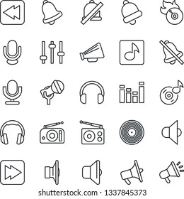 Thin Line Icon Set - vinyl vector, flame disk, microphone, radio, speaker, loudspeaker, equalizer, headphones, fast forward, rewind, tuning, bell, mute, music, sound, advertising