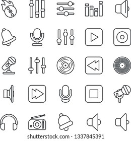 Thin Line Icon Set - vinyl vector, flame disk, microphone, radio, speaker, settings, equalizer, headphones, play button, stop, fast forward, rewind, rec, tuning, bell, sound