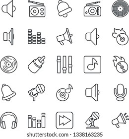 Thin Line Icon Set - vinyl vector, flame disk, microphone, radio, speaker, loudspeaker, settings, equalizer, headphones, fast forward, rca, bell, music, sound, advertising