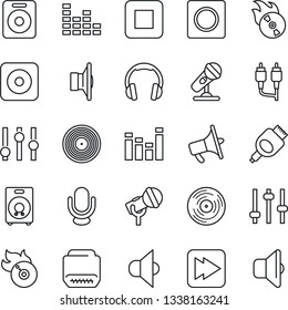 Thin Line Icon Set - vinyl vector, flame disk, microphone, speaker, loudspeaker, settings, equalizer, headphones, stop button, fast forward, rec, rca, hdmi, tuning, record, sound