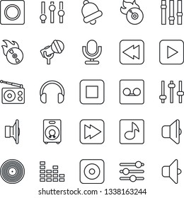 Thin Line Icon Set - vinyl vector, flame disk, microphone, radio, speaker, settings, equalizer, headphones, play button, stop, fast forward, rewind, rec, tuning, bell, record, music, sound