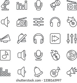Thin Line Icon Set - vinyl vector, flame disk, microphone, radio, speaker, loudspeaker, equalizer, headphones, fast forward, tuning, bell, mute, music, sound, advertising