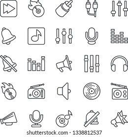 Thin Line Icon Set - vinyl vector, flame disk, radio, loudspeaker, settings, equalizer, microphone, headphones, fast forward, rca, tuning, bell, mute, music, sound, advertising