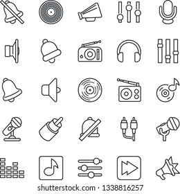 Thin Line Icon Set - vinyl vector, microphone, radio, speaker, loudspeaker, settings, equalizer, headphones, fast forward, rca, tuning, bell, mute, music, sound, advertising