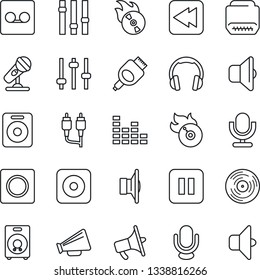 Thin Line Icon Set - vinyl vector, flame disk, microphone, speaker, loudspeaker, settings, equalizer, headphones, pause button, rewind, rec, rca, hdmi, tuning, record, sound