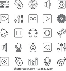 Thin Line Icon Set - vinyl vector, flame disk, microphone, speaker, settings, equalizer, headphones, play button, stop, fast forward, rewind, rec, tuning, bell, record, music