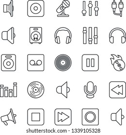 Thin Line Icon Set - vinyl vector, flame disk, microphone, speaker, loudspeaker, settings, equalizer, headphones, pause button, stop, fast forward, rewind, rec, rca, record, sound
