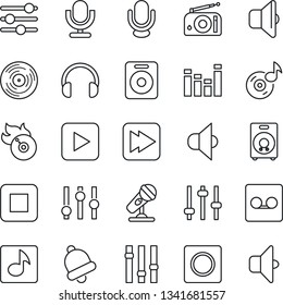 Thin Line Icon Set - vinyl vector, flame disk, microphone, radio, speaker, settings, equalizer, headphones, play button, stop, fast forward, tuning, bell, record, music, sound