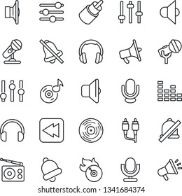 Thin Line Icon Set - vinyl vector, flame disk, microphone, radio, speaker, loudspeaker, settings, equalizer, headphones, rewind, rca, tuning, bell, mute, music, sound, advertising