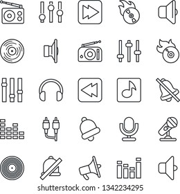Thin Line Icon Set - vinyl vector, flame disk, microphone, radio, speaker, loudspeaker, settings, equalizer, headphones, fast forward, rewind, rca, tuning, bell, mute, music, sound