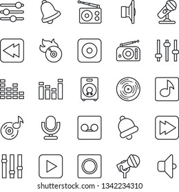 Thin Line Icon Set - vinyl vector, flame disk, microphone, radio, speaker, settings, equalizer, play button, fast forward, rewind, rec, tuning, bell, record, music, sound