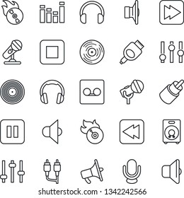 Thin Line Icon Set - vinyl vector, flame disk, microphone, speaker, loudspeaker, settings, equalizer, headphones, pause button, stop, fast forward, rewind, rca, hdmi, tuning, record, sound