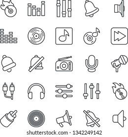 Thin Line Icon Set - vinyl vector, flame disk, microphone, radio, speaker, loudspeaker, settings, equalizer, headphones, fast forward, rca, tuning, bell, mute, music, sound