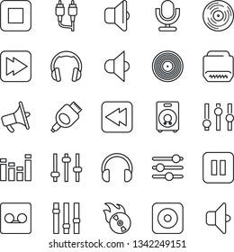 Thin Line Icon Set - vinyl vector, flame disk, speaker, loudspeaker, settings, equalizer, microphone, headphones, pause button, stop, fast forward, rewind, rec, rca, hdmi, tuning, record, sound