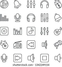 Thin Line Icon Set - vinyl vector, flame disk, microphone, radio, speaker, settings, equalizer, headphones, stop button, fast forward, rewind, rec, tuning, bell, music, sound