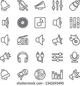 Thin Line Icon Set - vinyl vector, flame disk, microphone, radio, speaker, loudspeaker, settings, equalizer, headphones, rca, tuning, bell, mute, music, sound, advertising