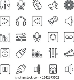 Thin Line Icon Set - vinyl vector, flame disk, microphone, speaker, loudspeaker, settings, equalizer, headphones, pause button, fast forward, rewind, rca, hdmi, tuning, record, sound