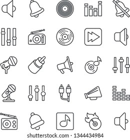 Thin Line Icon Set - vinyl vector, flame disk, microphone, radio, speaker, loudspeaker, settings, equalizer, fast forward, rca, tuning, bell, mute, music, sound