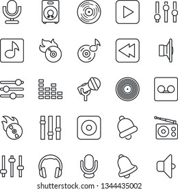 Thin Line Icon Set - vinyl vector, flame disk, microphone, radio, speaker, settings, equalizer, headphones, play button, rewind, rec, tuning, bell, record, music, sound