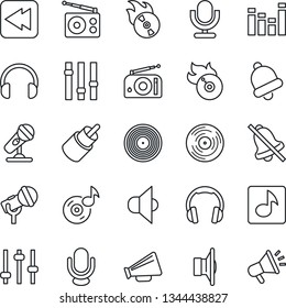Thin Line Icon Set - vinyl vector, flame disk, microphone, radio, speaker, loudspeaker, settings, equalizer, headphones, rewind, rca, tuning, bell, mute, music, advertising