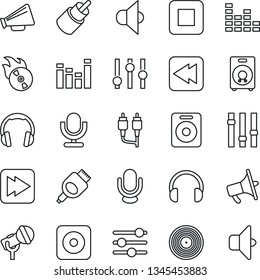Thin Line Icon Set - vinyl vector, flame disk, microphone, speaker, loudspeaker, settings, equalizer, headphones, stop button, fast forward, rewind, rec, rca, hdmi, tuning, sound