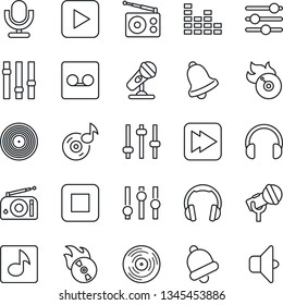 Thin Line Icon Set - vinyl vector, flame disk, microphone, radio, settings, equalizer, headphones, play button, stop, fast forward, tuning, bell, record, music, sound