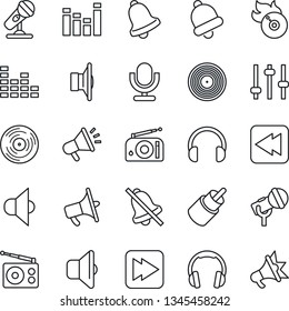 Thin Line Icon Set - vinyl vector, flame disk, microphone, radio, speaker, loudspeaker, equalizer, headphones, fast forward, rewind, rca, tuning, bell, mute, sound, advertising