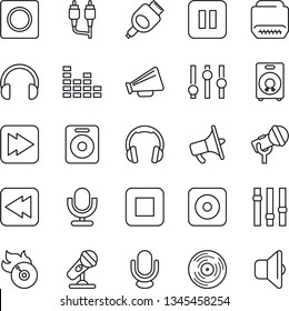 Thin Line Icon Set - vinyl vector, flame disk, microphone, loudspeaker, settings, equalizer, headphones, speaker, pause button, stop, fast forward, rewind, rec, rca, hdmi, record, sound
