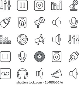 Thin Line Icon Set - vinyl vector, microphone, speaker, loudspeaker, settings, equalizer, headphones, pause button, stop, rec, rca, hdmi, tuning, record, sound