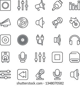 Thin Line Icon Set - vinyl vector, flame disk, microphone, speaker, loudspeaker, settings, equalizer, headphones, stop button, rewind, rec, rca, hdmi, tuning, record, sound