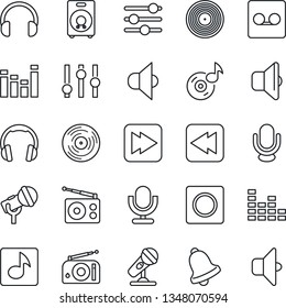 Thin Line Icon Set - vinyl vector, microphone, radio, speaker, settings, equalizer, headphones, fast forward, rewind, tuning, bell, record, music, sound