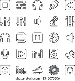 Thin Line Icon Set - vinyl vector, microphone, speaker, loudspeaker, settings, equalizer, headphones, pause button, stop, fast forward, rewind, rec, hdmi, tuning, record