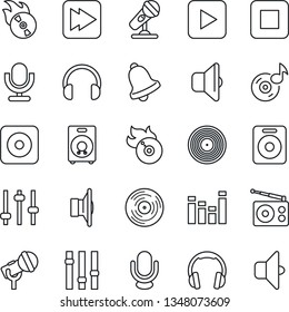 Thin Line Icon Set - vinyl vector, flame disk, microphone, radio, speaker, settings, equalizer, headphones, play button, stop, fast forward, rec, tuning, bell, music, sound