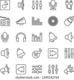 Thin Line Icon Set - vinyl vector, radio, speaker, loudspeaker, settings, equalizer, microphone, headphones, fast forward, rewind, rca, tuning, bell, music, sound, advertising