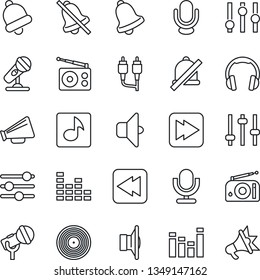 Thin Line Icon Set - vinyl vector, microphone, radio, speaker, loudspeaker, settings, equalizer, headphones, fast forward, rewind, rca, tuning, bell, mute, music, sound, advertising